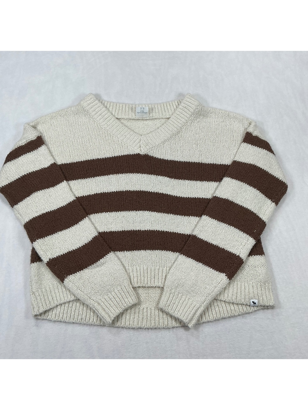 Abercrombie Kids Sweater Youth XL 15/16 Cream Brown Striped V Neck Knit